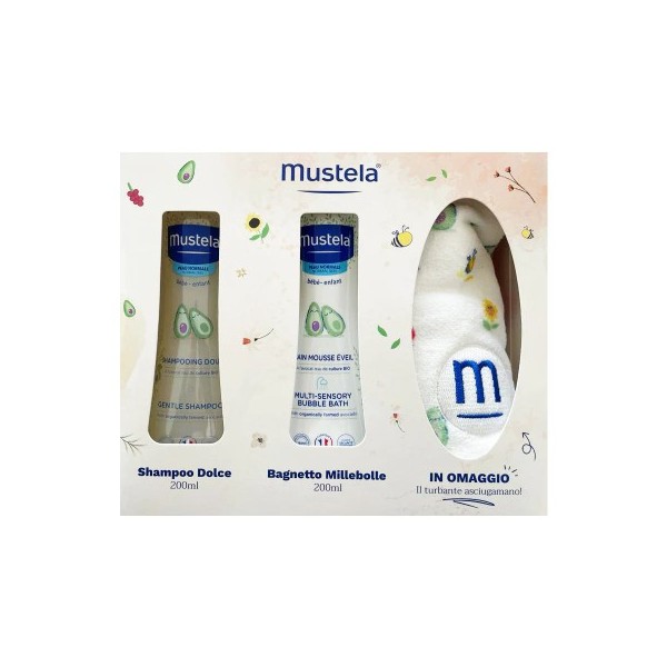 MUSTELA COFANETTO BAGNETTO TURBANTE DETERGENTE DELICATO 200 ML + SHAMPOO  DOLCE 200 ML